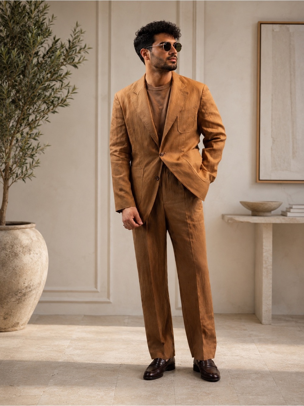 Brown 100% Linen Suit Jacket & Trousers